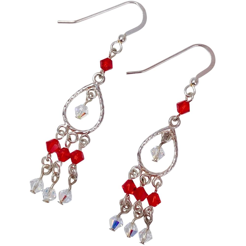 Vintage Artisan Sterling Silver Red Swarovski Crystal Dangle Earrings Handmade